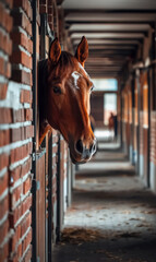 Fototapeta premium horse stable with horses in their stables inside an equestrian center, mare in barn