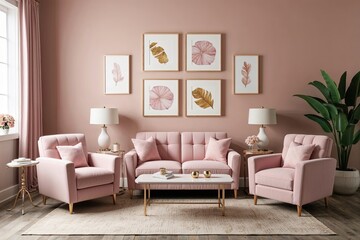 Pastel Pink Armchair and Loveseat Seating Arrangement in a Cozy 3D Environment