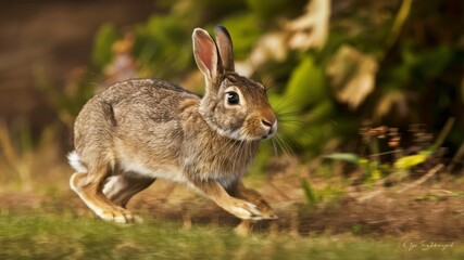 Fototapeta premium Hare in Motion: An alert hare sprints across a grassy landscape, its keen eyes focused, ears perked, and body poised in full motion, capturing a moment of wild energy.