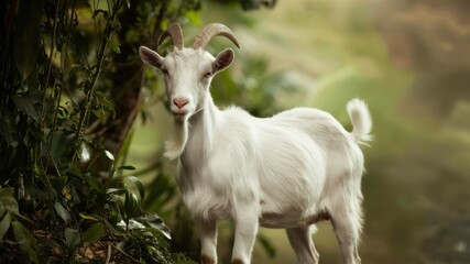Obraz premium Majestic Goat in Nature: A regal white goat stands proudly amidst lush greenery, its gaze direct and captivating, embodying the wild charm of nature