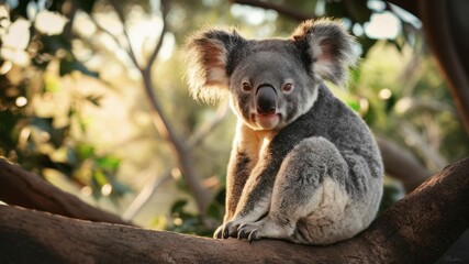 Koala in its Natural Habitat: An adorable koala perched on a branch, bathed in soft sunlight, showcases the charm of Australia's unique wildlife.