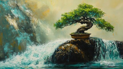 Obraz premium Serene Bonsai by Waterfall: A Masterpiece of Tranquility