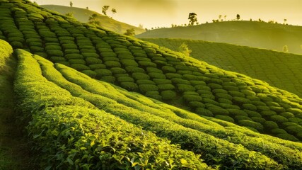 Tea Plantation Panorama: A sprawling tea plantation cascades across rolling hills, displaying vibrant rows of tea plants under a soft, golden light.