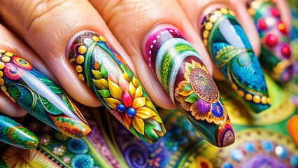 Stunning Macro Photography of Long Beautiful Fingernails with Intricate Nail Art Designs and Vibrant Colors, Showcasing Elegance and Creativity for Nail Enthusiasts and Beauty Lovers