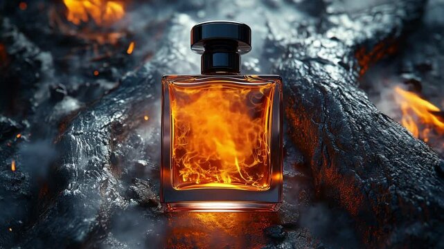 perfume bottle with fire, wood, oud, smoke 