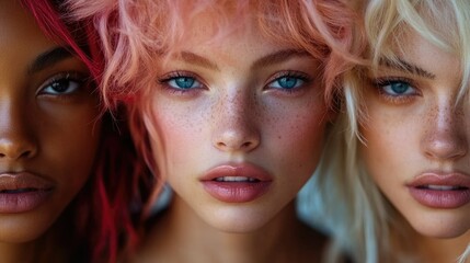Obraz premium Three women with vibrant hair colors and striking features, showcasing beauty and diversity.