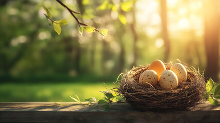 "Spring Awakening: Painted Easter Eggs in a Nest with Nature's Embrace"

