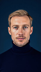 Obraz premium Man with Light Brown Hair in Dark Blue Turtleneck Sweater on Solid Blue Background