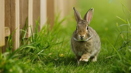Fototapeta premium Rabbit's garden stroll: a lovely rabbit walking in the garden , with a wooden fence in background. The sunny day and fresh grass create a harmonious blend of nature.