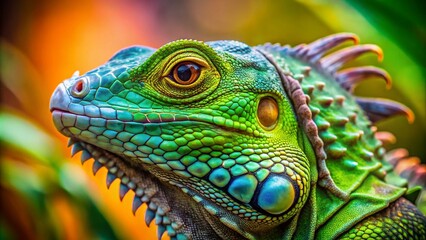 Fototapeta premium Stunning Macro Profile Photo of a Green Iguana with Detailed Scales and Vivid Colors in a Natural Habitat Setting, Highlighting Its Unique Features and Beauty