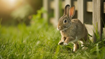 Bounding Bunny: Capturing the joyous leap of a brown rabbit, its playful energy bursts forth against the backdrop of a grassy meadow. 