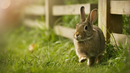 Fototapeta premium Hare in a rush: a dynamic shot of a brown hare running across a sun-drenched meadow in front of a rustic wooden fence, capturing the animal's energetic movement and natural habitat.