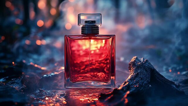 perfume bottle in the forest fog