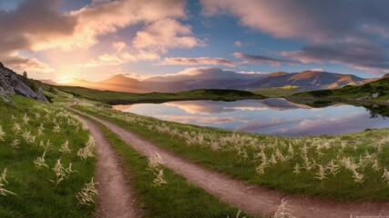 Pathway to Serenity: A tranquil landscape unfolds, with a winding dirt path leading towards a serene lake and majestic mountains under a dramatic sky.