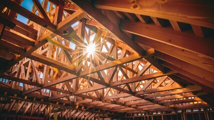 Sunlit Framework: Architectural details showcase the intricate wooden framework of a building's roof. Sunlight streams through the structure.