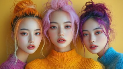 Naklejka premium Three young women with colorful hair and sweaters pose against a vibrant yellow background.