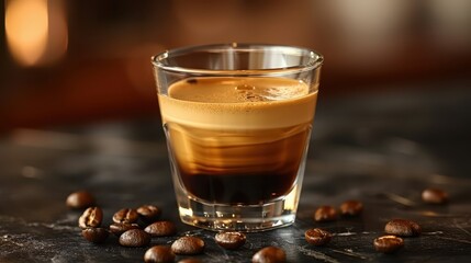 Rich espresso served in a clear glass alongside roasted coffee beans on a dark surface. Generative AI