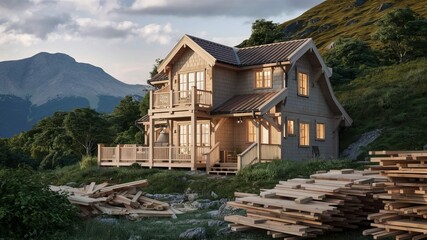 Mountain Home: A cozy wooden mountain home with a deck and a green grassy lawn surrounded by mountains, with natural light