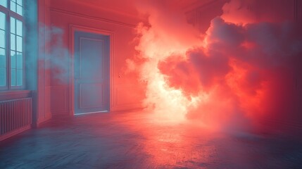 A surreal room filled with colorful smoke, creating an ethereal atmosphere.
