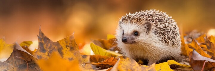 Obraz premium A little hedgehog among the autumn leaves. The background is made in the form of a blurred gradient. The banner creates a feeling of autumn tranquility and natural beauty.