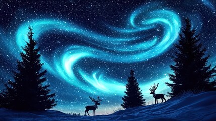 Stunning winter landscape featuring the Northern Lights swirling across a starry sky, casting a magical glow over silhouetted Christmas trees and reindeer.