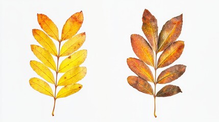 Fototapeta premium Autumn leaves: two parallel displays of yellow and brown foliage against a white background