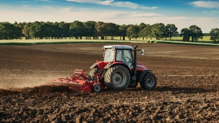 Obraz premium Tractor Tilling the Soil: A powerful red tractor with a rotating tiller plows through a field of rich brown soil, preparing the land for planting.