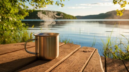 Naklejka premium Serene Morning Coffee: A steaming cup of coffee sits on a wooden table with scenic lakeside view