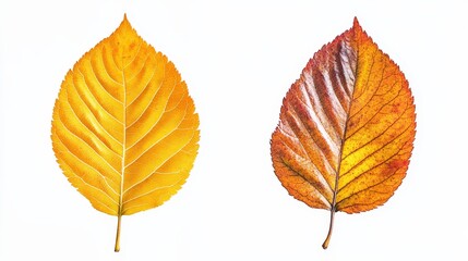 Vibrant yellow and brown autumn leaves on a white background