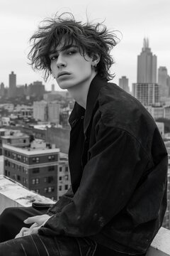 Fototapeta Stylish male model sits on rooftop. Modern mullet-shag haircut, monochrome outfit. City skyline in background. Fashion portrait editorial style. Urban trendy aesthetic. Cool contemporary style. Man