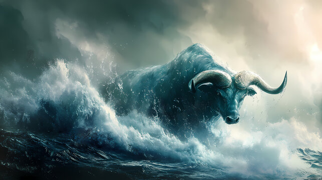 Mystical water bull sea monster mythical creature ocean cloud stormy sky fantasy digital art. Stormy Ocean Tempest. Illustration