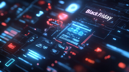 Futuristic "Black Friday" text in the top-right corner with small digital sale icons floating across, Black Friday