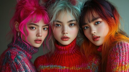 Obraz premium Three young women with colorful hair in vibrant sweaters, posing together.
