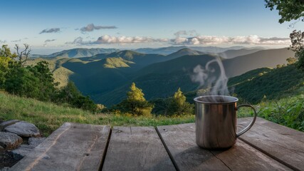 Mountaintop Mug: A solitary stainless steel mug, emitting wispy steam, rests on a weathered wooden table, overlooking a breathtaking panorama of rolling green mountains under a clear blue sky.