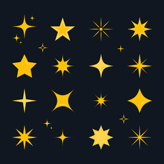 Different star shapes icon collection. Sparkle yellow stars on dark background. Vector flat illustration