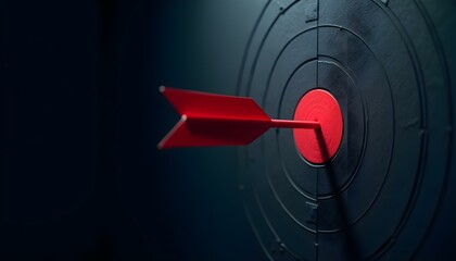 a bullseye target with a bright red arrow piercing the center, isolated on a matte black background create with ai