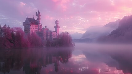 Obraz premium Majestic castle emerges from ethereal mist beneath a vibrant pink and purple sky at dawn. Generative AI