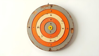 a weathered dartboard with a colorful bullseye, isolated on a smooth white background create with ai