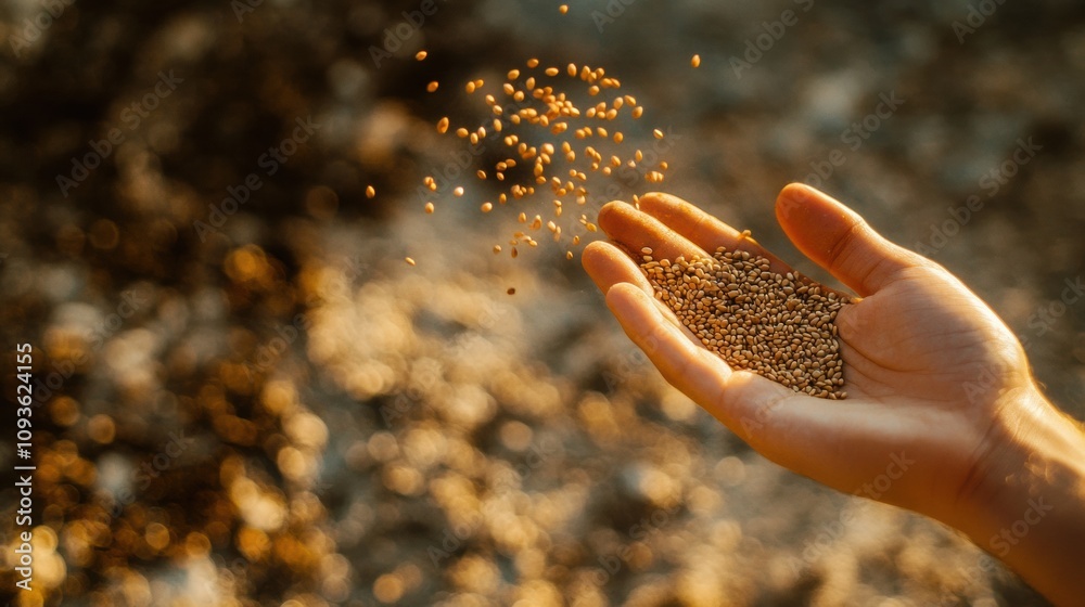 Poster seeds are being scattered from a hand over prepared soil, capturing the essence of planting in a vib