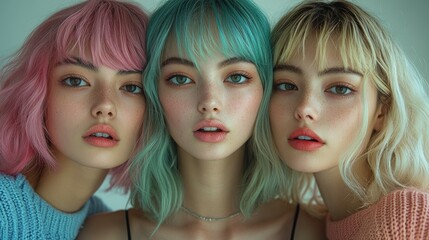 Obraz premium Three young women with colorful hairstyles pose closely, showcasing beauty and fashion.