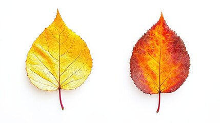 Yellow and red autumn leaves on white background highlight seasonal change