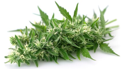 Fototapeta premium Freshly harvested cannabis plant showcasing vibrant green foliage and delicate buds during daylight hours. Generative AI