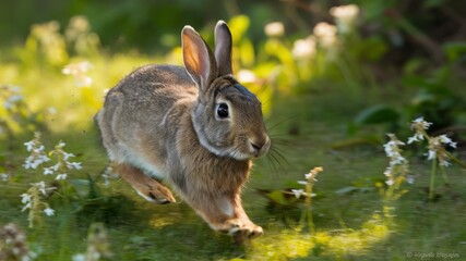 Fototapeta premium Hare in the meadow: A European hare bounds through a sunlit meadow, captured mid-stride. this image encapsulates the energy of a free spirit, offering a vibrant look into the wildlife world