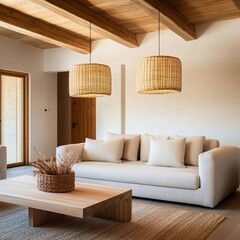 Gentle overhead pendant lights in a rustic living room, soft and cozy