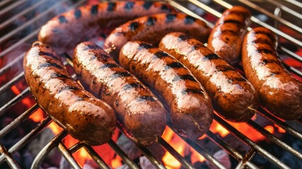 Grilled Sausage Feast: Close-up shot showcasing juicy sausages sizzling on a hot grill, capturing the essence of summer gatherings and delicious food preparation.