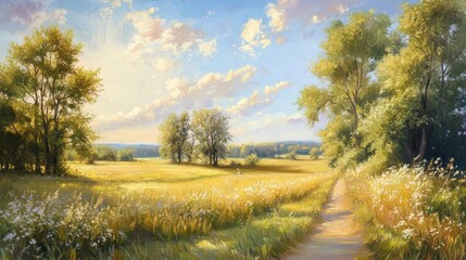 Fototapeta premium Summer Meadow Landscape: A Serene Path Through Golden Fields