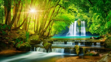 Fototapeta premium Jungle's Embrace: A breathtaking panorama of a lush rainforest with cascading waterfalls, capturing the vitality of nature with sparkling sunlight.