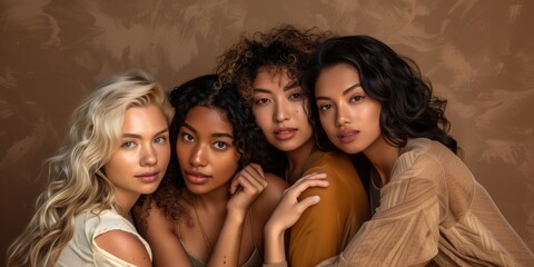 Fototapeta premium The image beautifully captures unity and empowerment among diverse women, showcasing deep connections through warm embraces and expressive qualities. It exudes a sense of togetherness and empowerment