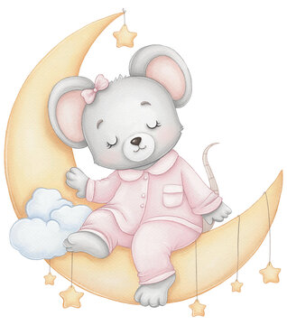 Cute mouse in pajamas sleeping on the month