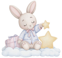 Obraz premium Cute bunny in pajamas holding a star.
